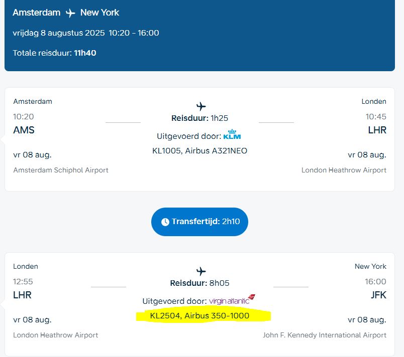 Voorbeeld van een codeshare vlucht: KLM vluchtnummer uitgevoerd door Virgin Atlantic