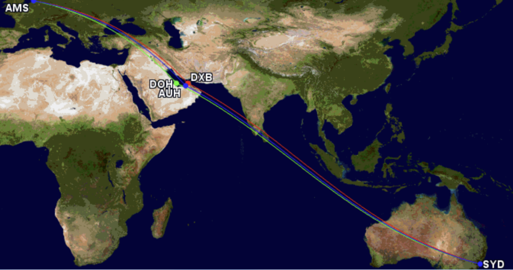 rechtstreeks vliegen Australie via midden oosten
