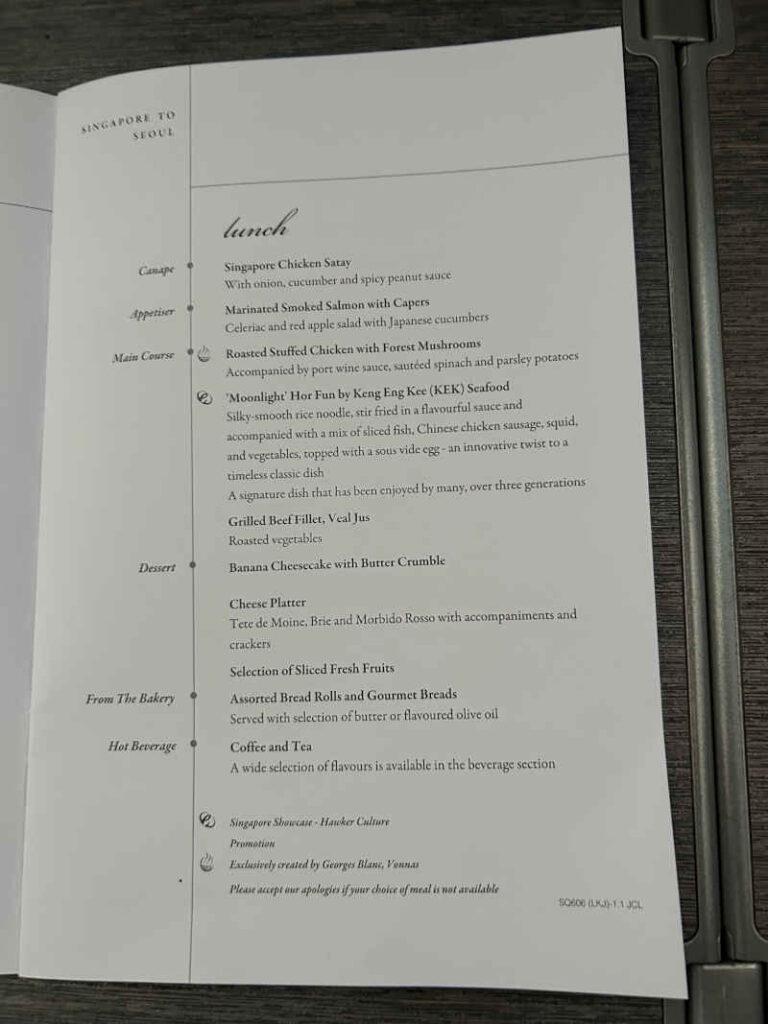 Menu aan boord Singapore Airlines vlucht van Singapore naar Seoul