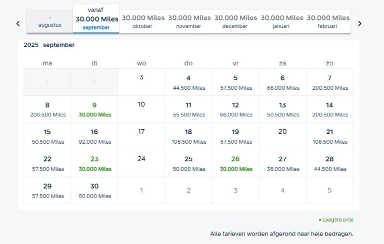 Reward tickets zoeken bij Flying Blue middels de calender functie